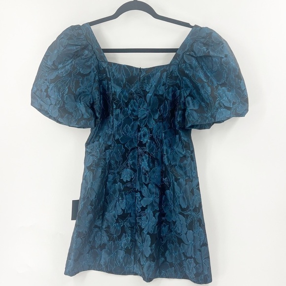 ✅NWT Lulus Beyond Amazing Dark Teal Floral Jacquard Puff Sleeve Dress Size Small - Picture 7 of 10